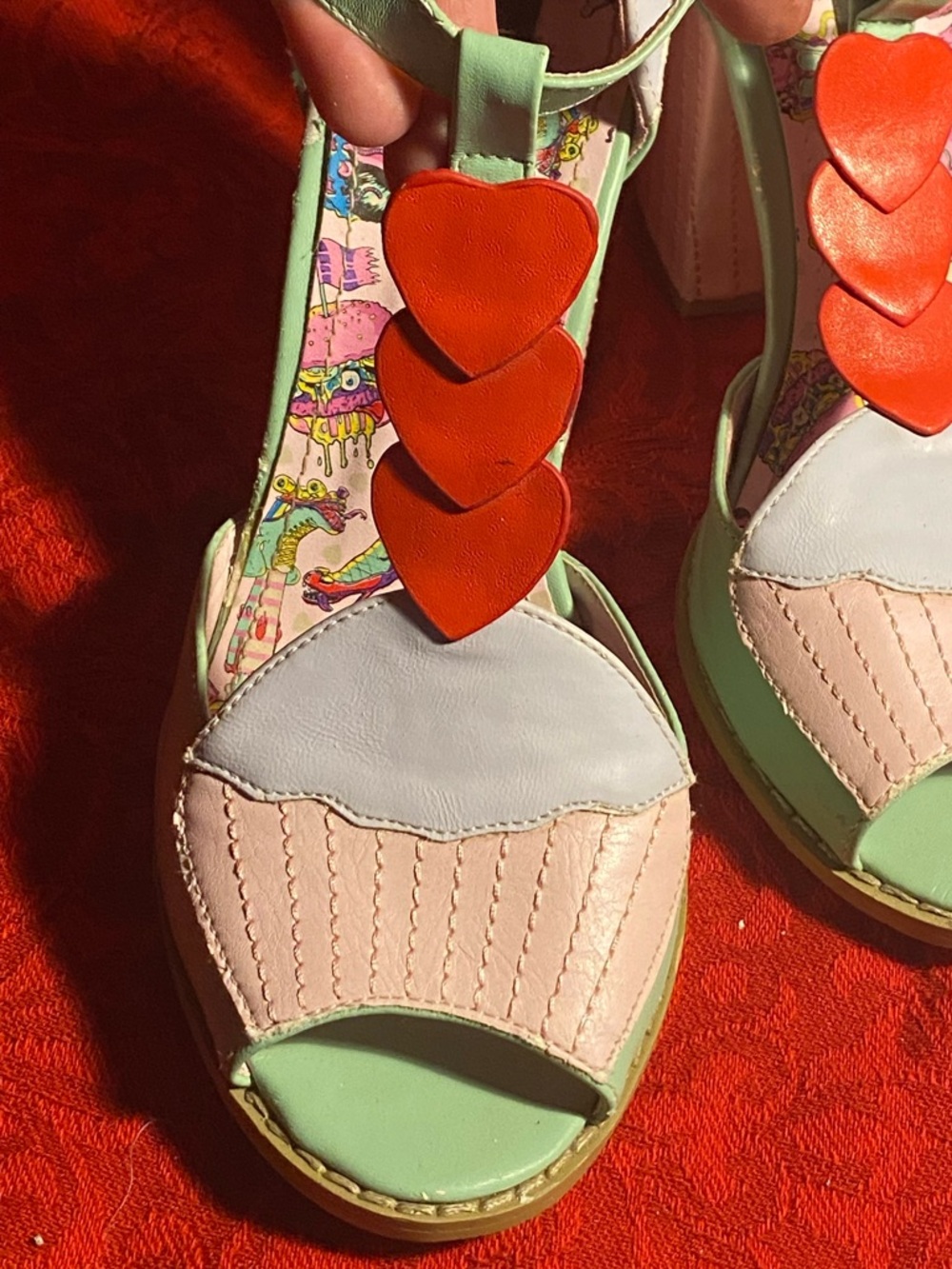 Iron Fist T-strap high heel sandals,pastel shades,cupcake details,red hearts,7 - Picture 8 of 15